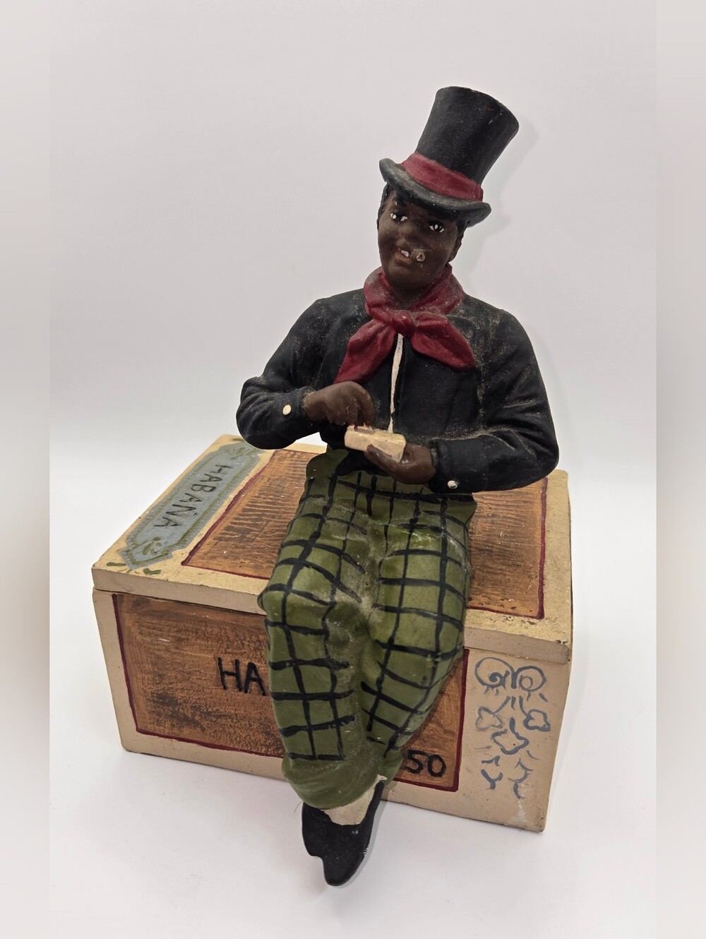 Figurine Sitting On Box Decor Marked Habana Painted Resin 2 Pieces 1990